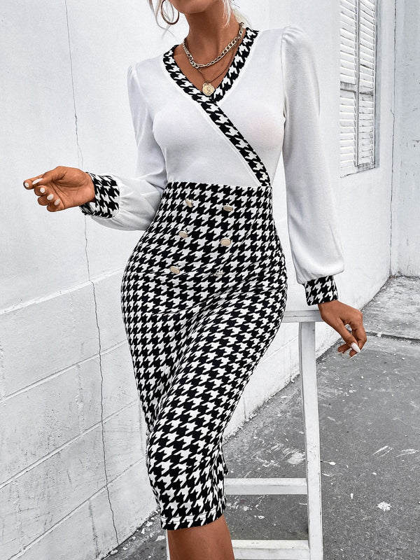 Houndstooth Long Sleeve Slit Dress - AnnieMae21