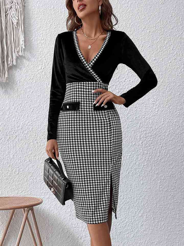 Surplice Neck Houndstooth Dress - AnnieMae21