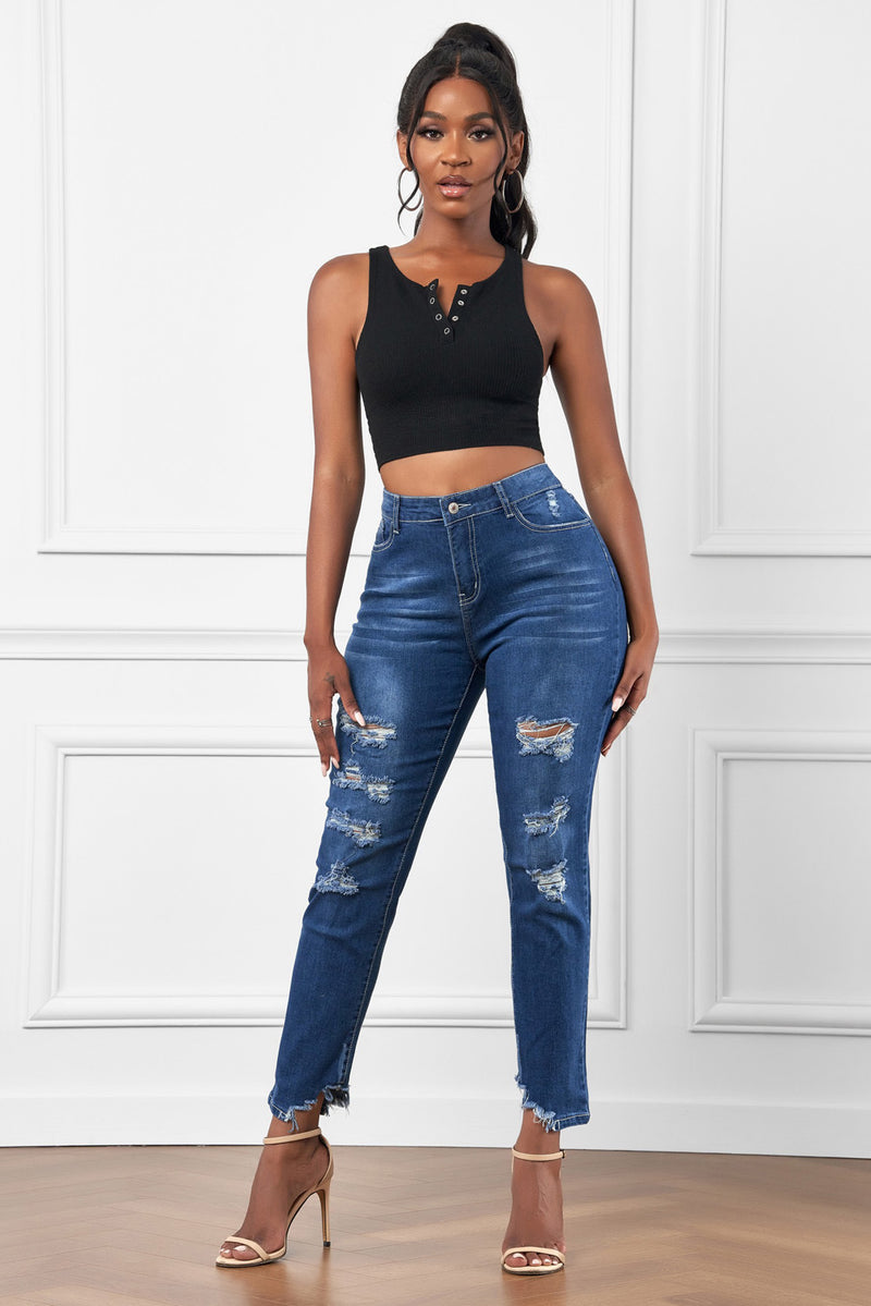 High-Rise Distressed Hem Detail Jeans - AnnieMae21