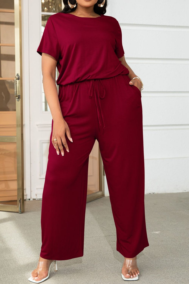 Plus Size Drawstring Waist Short Sleeve Jumpsuit - AnnieMae21