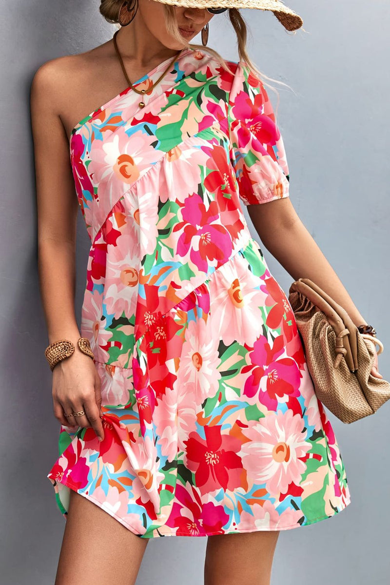 Floral One-Shoulder Puff Sleeve Dress - AnnieMae21