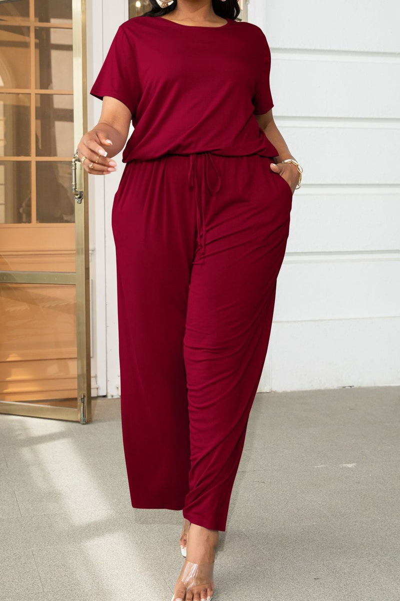 Plus Size Drawstring Waist Short Sleeve Jumpsuit - AnnieMae21