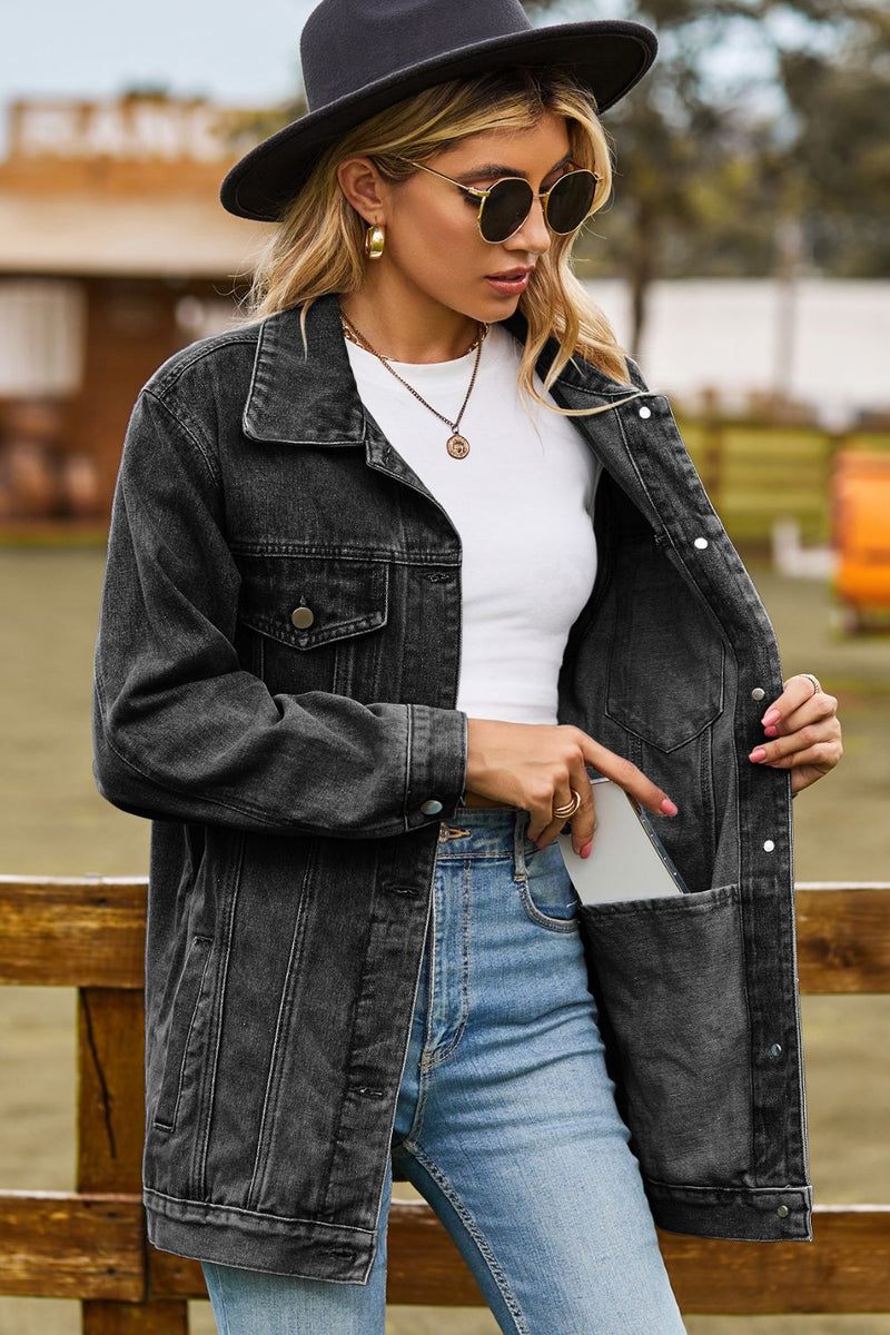 Buttoned Collared Neck Denim Jacket with Pockets - AnnieMae21