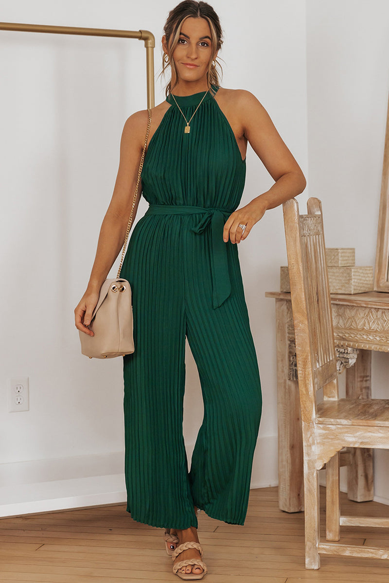 Accordion Pleated Belted Grecian Neck Sleeveless Jumpsuit - AnnieMae21