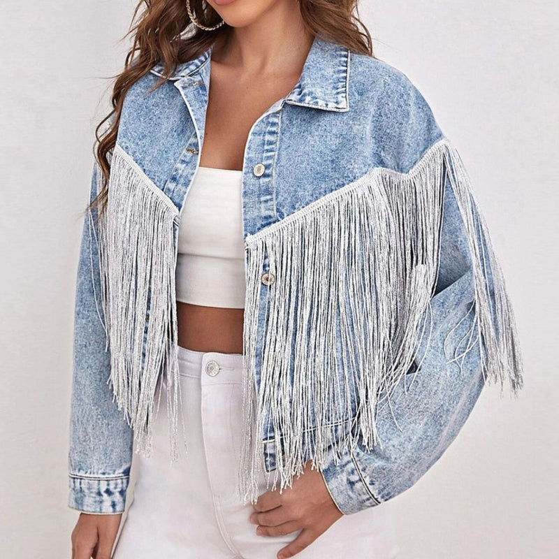 Fringe Detail Collared Neck Long Sleeve Denim Jacket - AnnieMae21