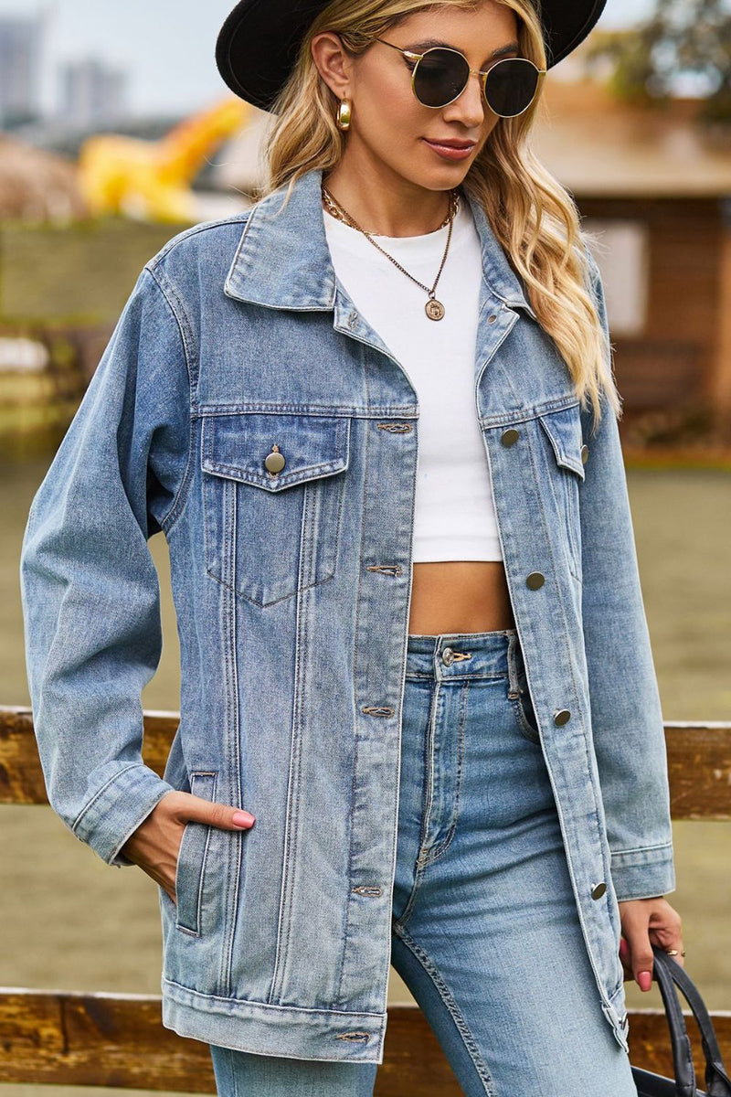 Buttoned Collared Neck Denim Jacket with Pockets - AnnieMae21