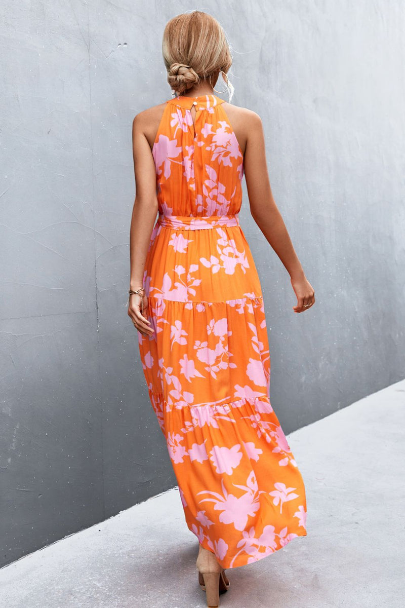 Printed Sleeveless Tie Waist Maxi Dress - AnnieMae21