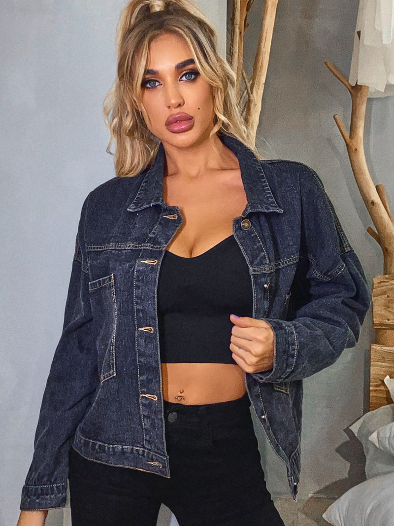 Collared Neck Dropped Shoulder Denim Jacket - AnnieMae21