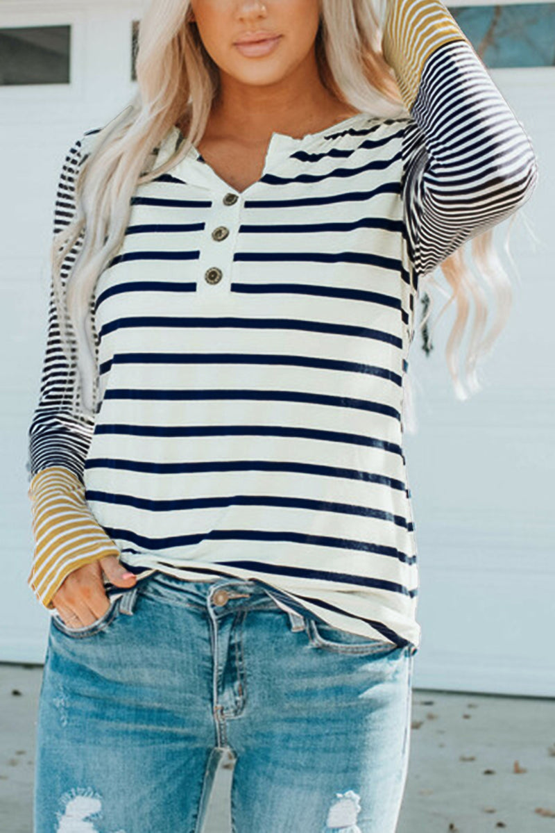 Striped Buttoned Long Sleeve Top - AnnieMae21