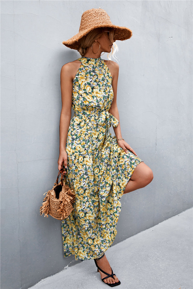 Printed Sleeveless Tie Waist Maxi Dress - AnnieMae21