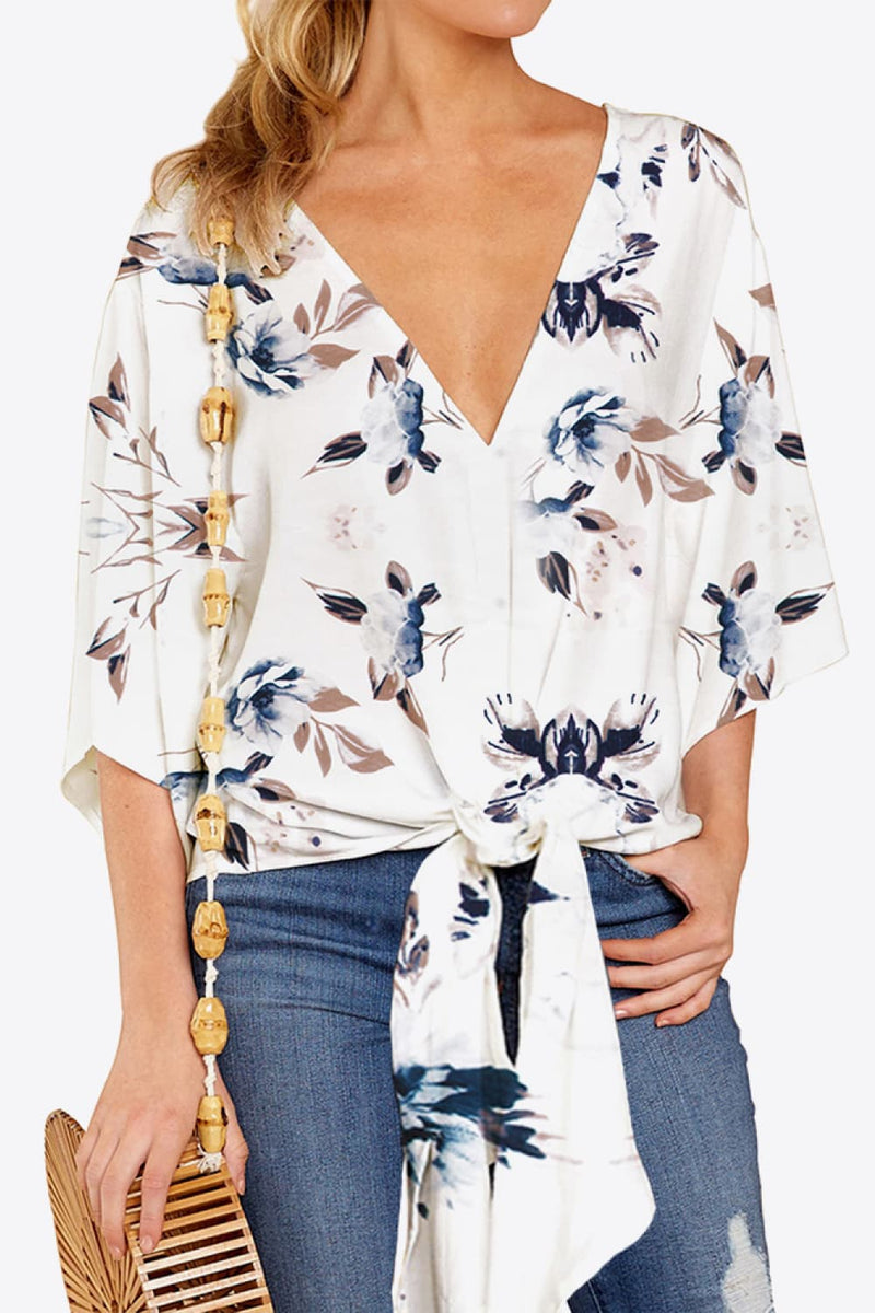 Printed Deep V Tie Hem Blouse - AnnieMae21