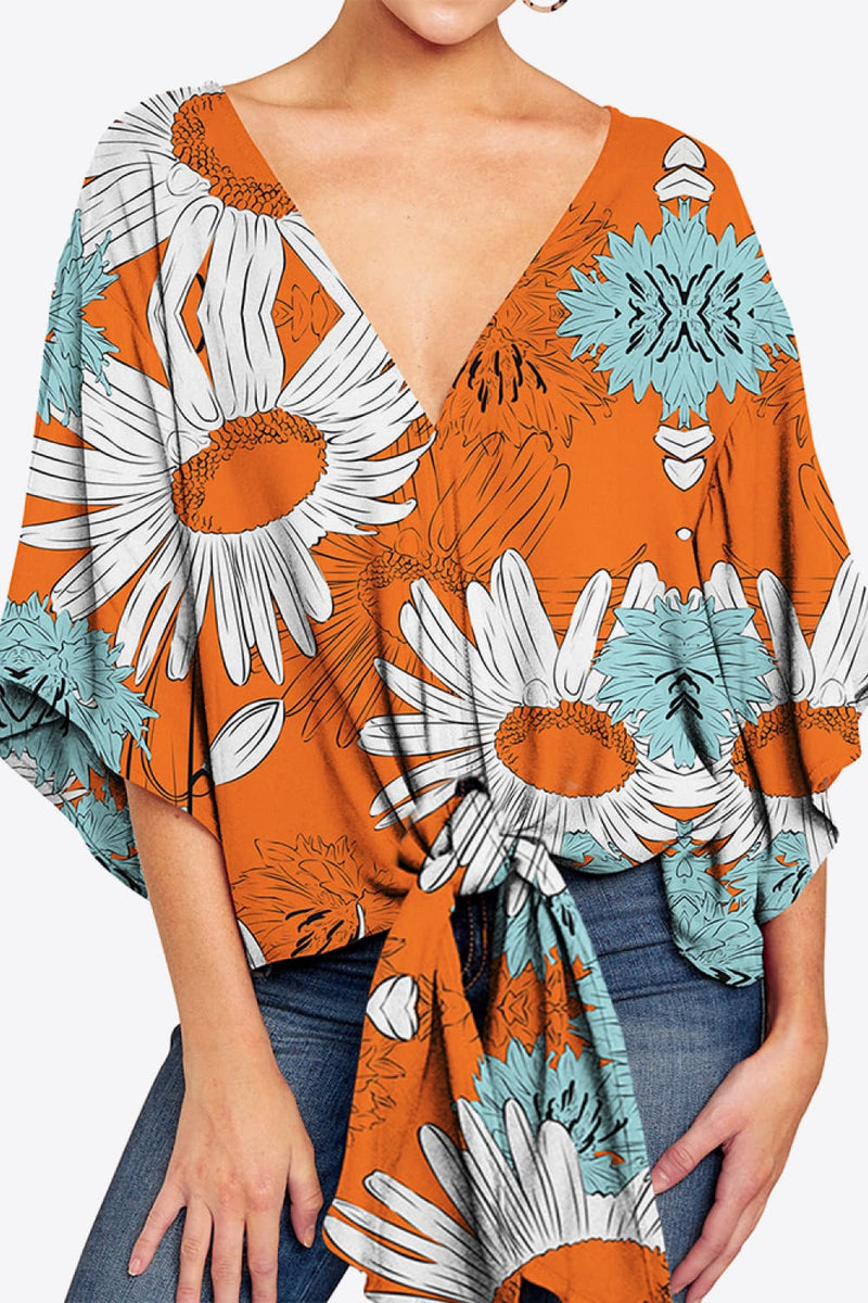 Printed Deep V Tie Hem Blouse - AnnieMae21