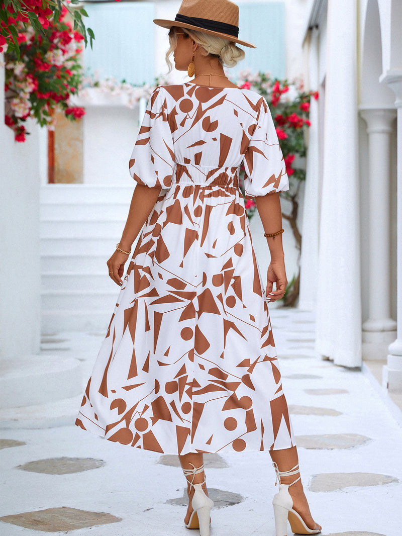 Printed Surplice Balloon Sleeve Dress - AnnieMae21