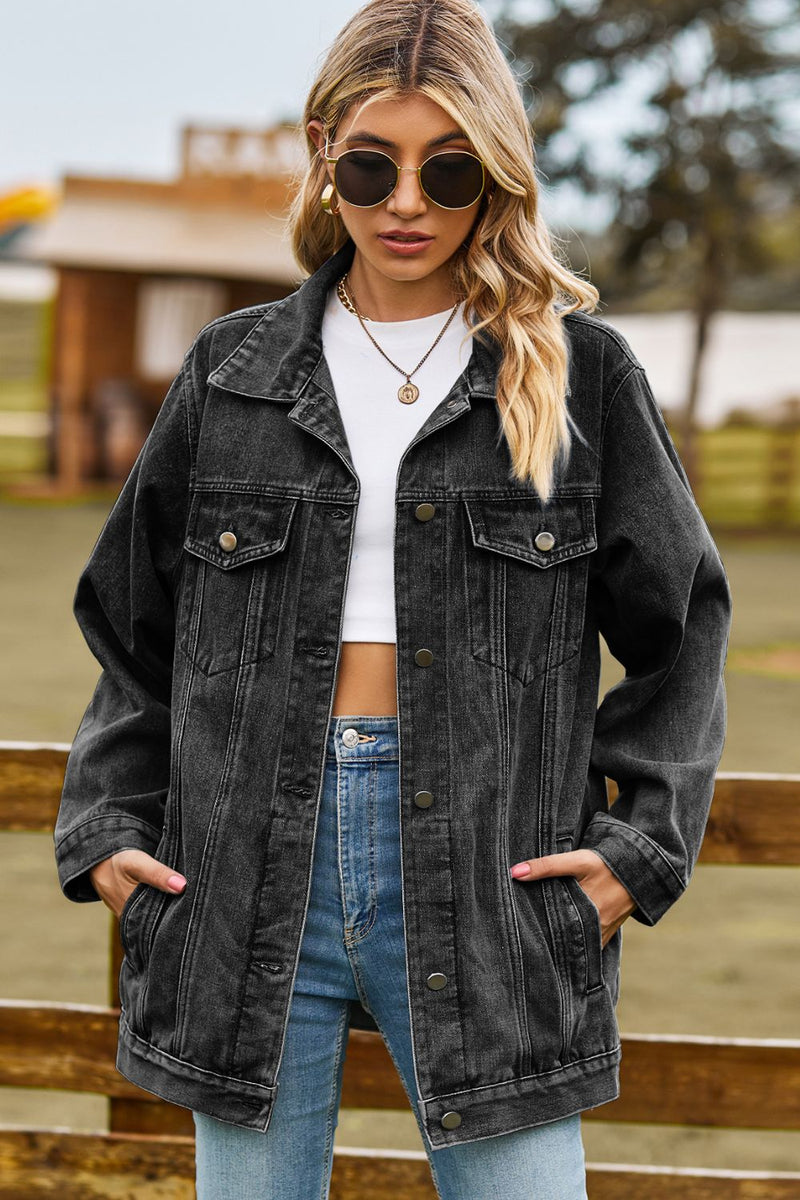 Buttoned Collared Neck Denim Jacket with Pockets - AnnieMae21