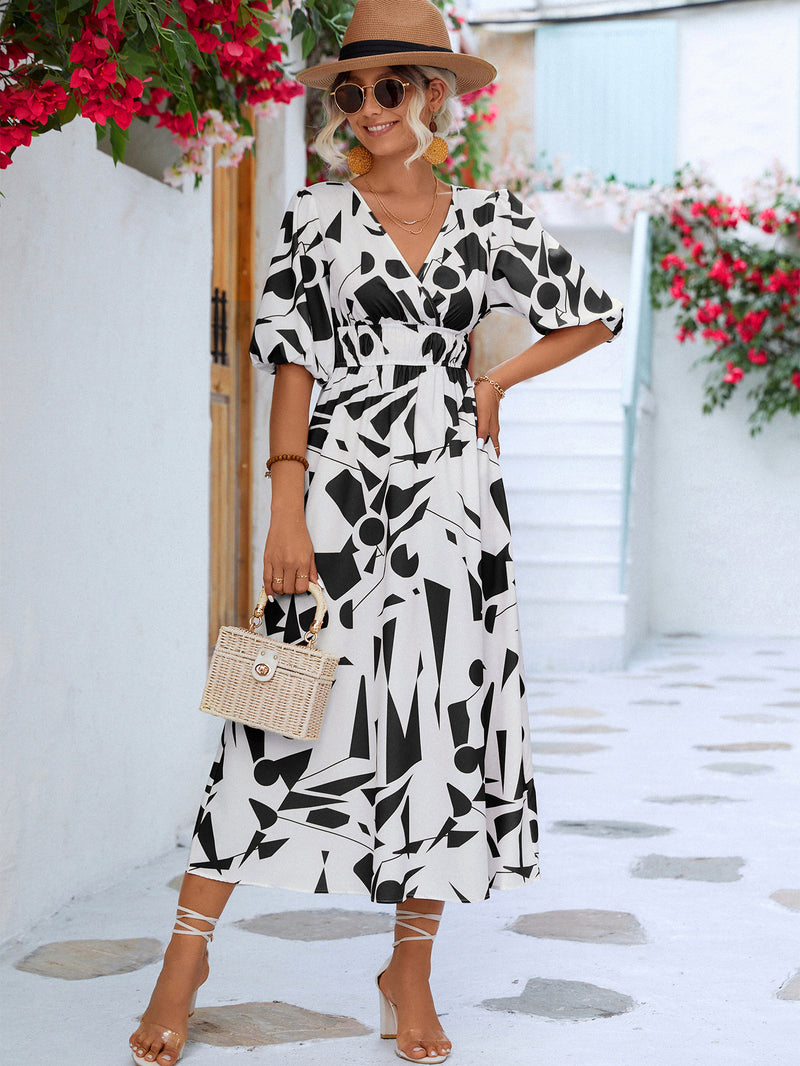 Printed Surplice Balloon Sleeve Dress - AnnieMae21