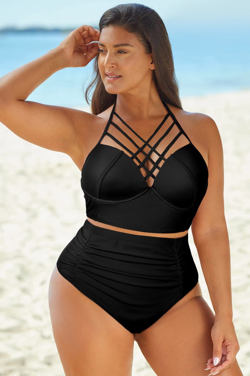 Halter Neck Crisscross Ruched Two-Piece Swimsuit - AnnieMae21