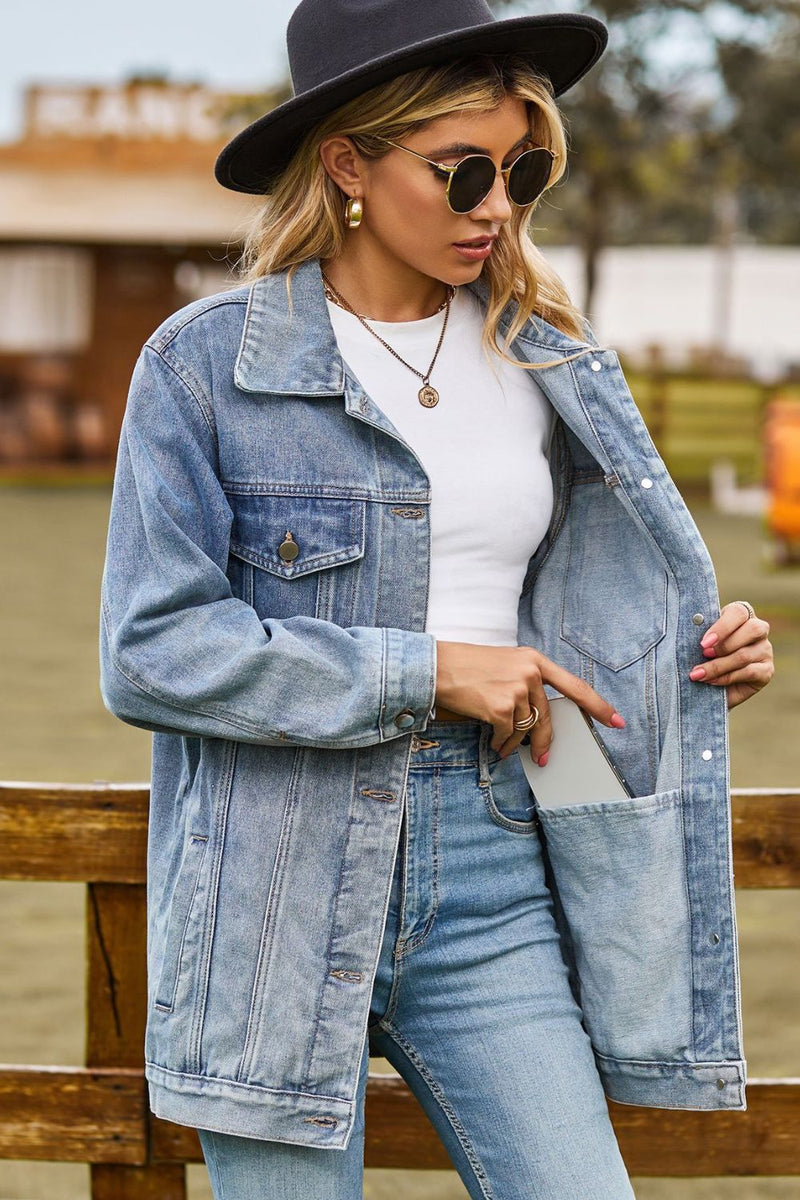 Buttoned Collared Neck Denim Jacket with Pockets - AnnieMae21