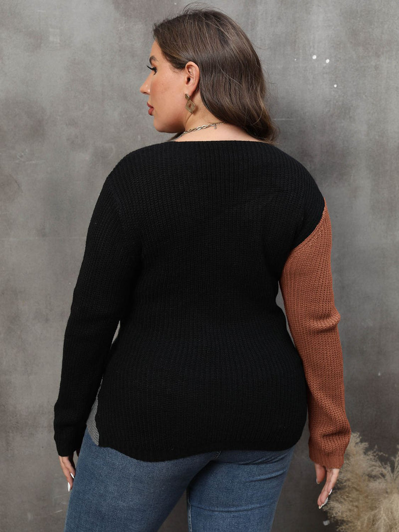 Plus Size Two-Tone Surplice Neck Sweater - AnnieMae21