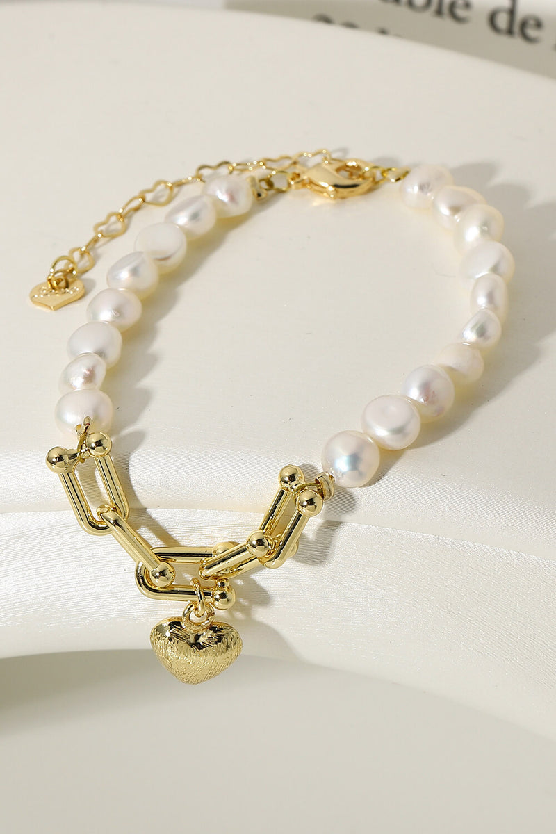 14K Gold Plated Heart Charm Pearl Bracelet - AnnieMae21