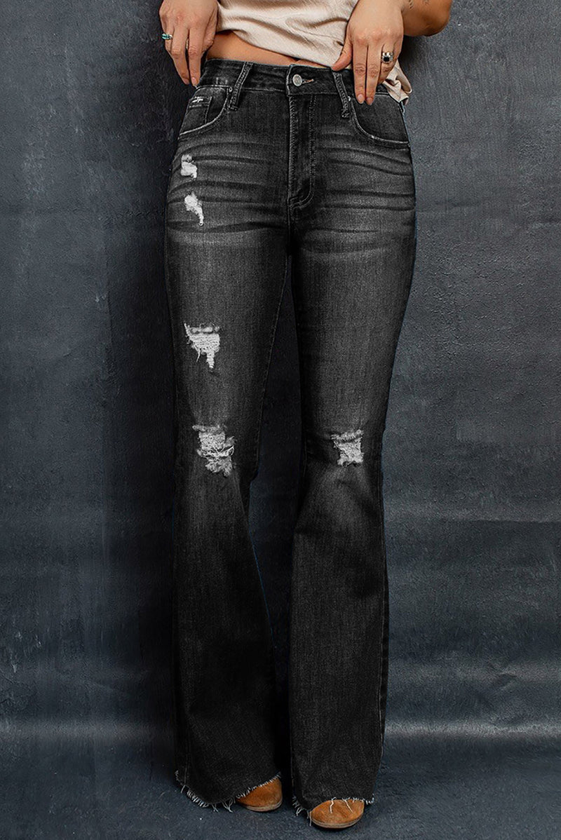 Distressed Raw Hem Flare Jeans - AnnieMae21