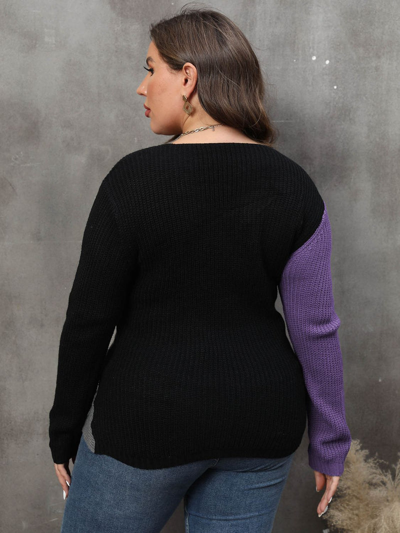 Plus Size Two-Tone Surplice Neck Sweater - AnnieMae21