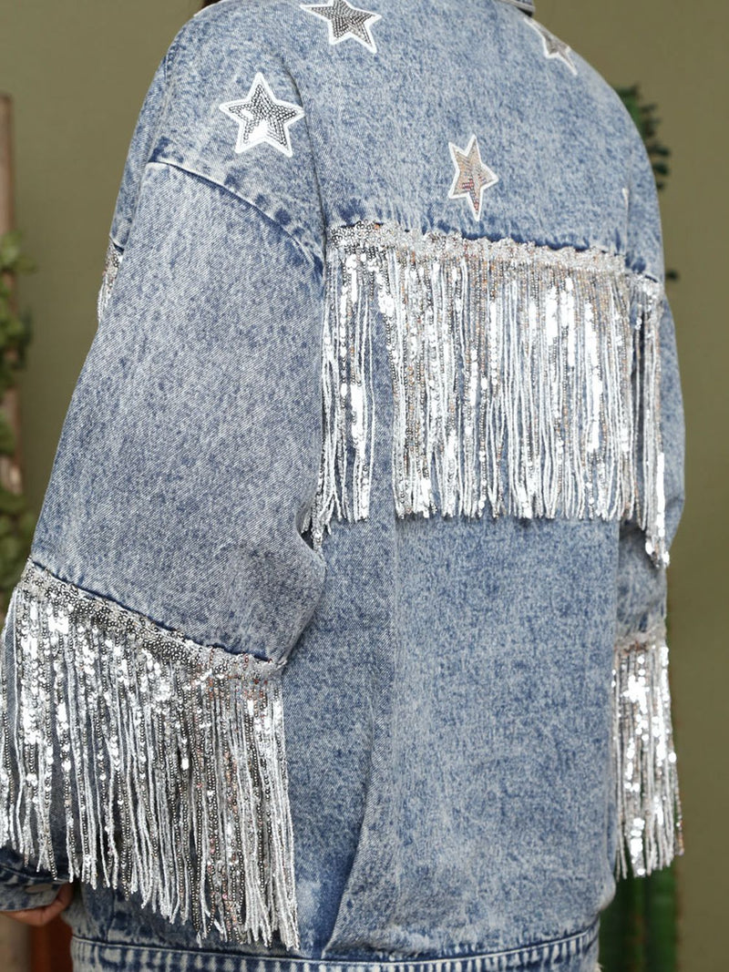 Fringe Detail Long Sleeve Denim Jacket - AnnieMae21