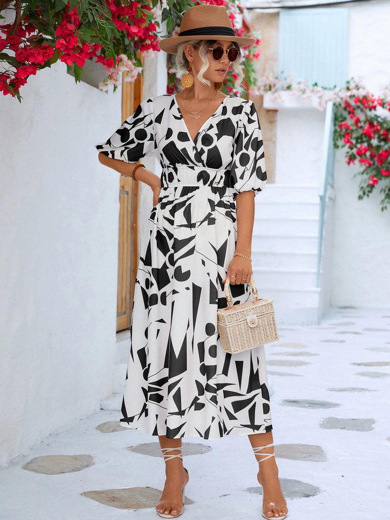 Printed Surplice Balloon Sleeve Dress - AnnieMae21