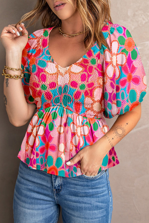 Printed V-Neck Babydoll Blouse - AnnieMae21