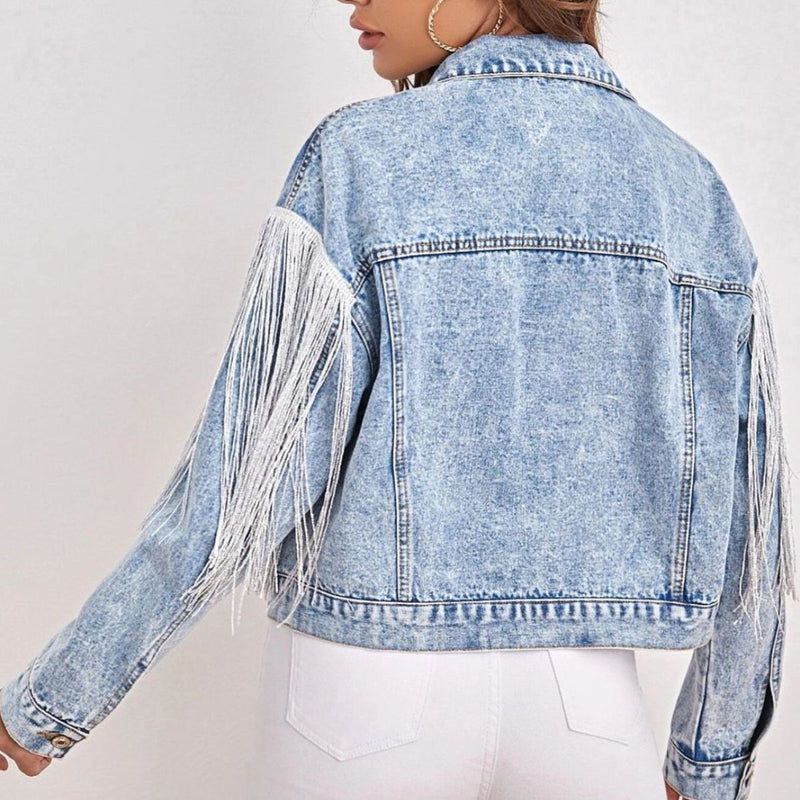 Fringe Detail Collared Neck Long Sleeve Denim Jacket - AnnieMae21