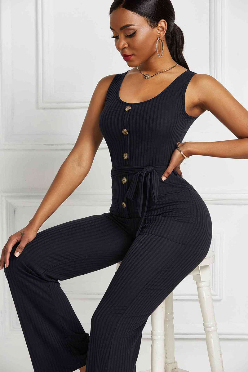 Button Detail Tie Waist Jumpsuit with Pockets - AnnieMae21