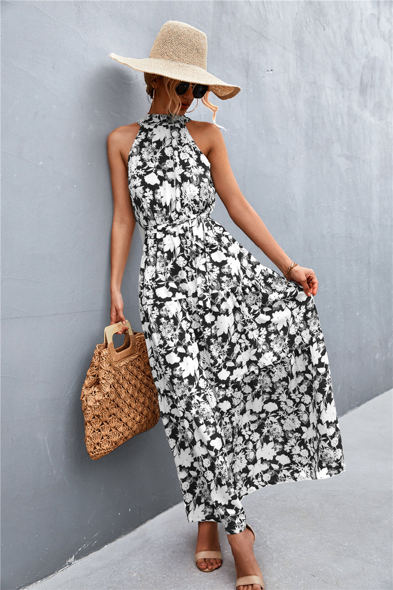 Printed Sleeveless Tie Waist Maxi Dress - AnnieMae21