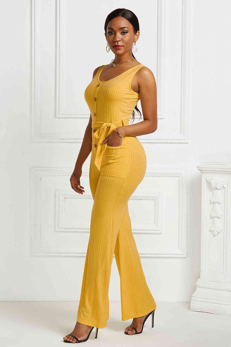 Button Detail Tie Waist Jumpsuit with Pockets - AnnieMae21