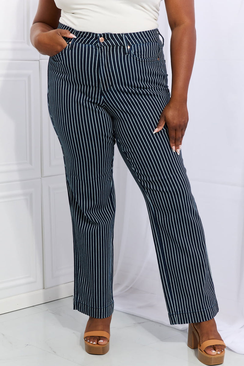 Judy Blue Cassidy Full Size High Waisted Tummy Control Striped Straight Jeans - AnnieMae21