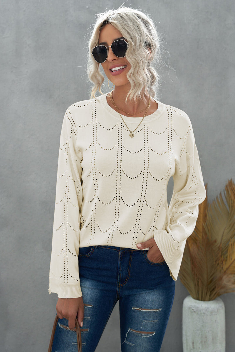 Openwork Flare Sleeve Pullover Sweater - AnnieMae21