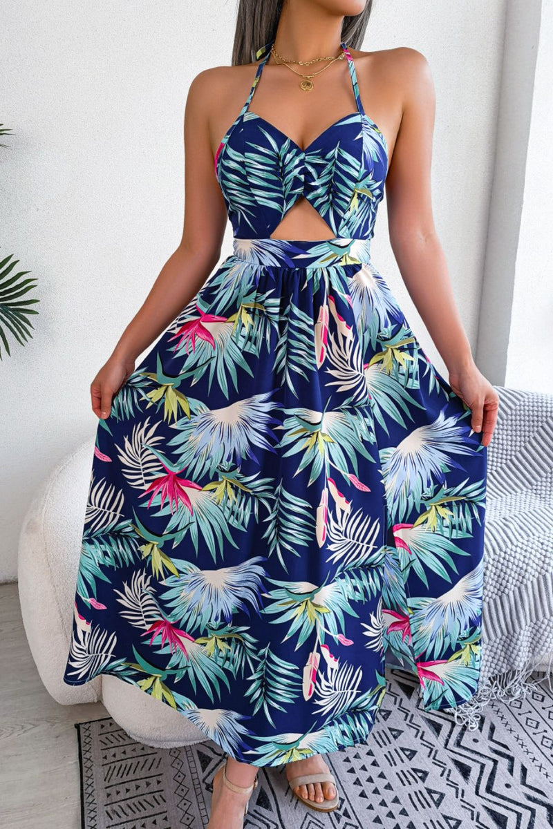 Botanical Print Tied Backless Cutout Slit Dress - AnnieMae21