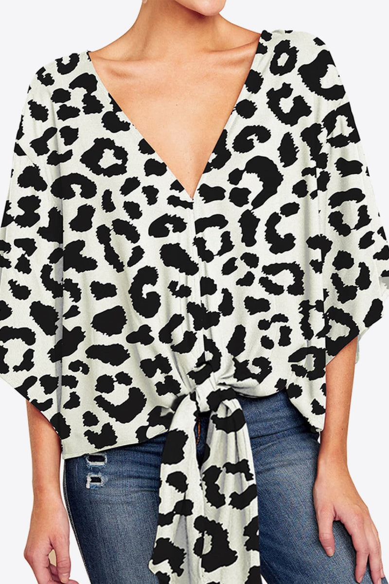 Printed Deep V Tie Hem Blouse - AnnieMae21