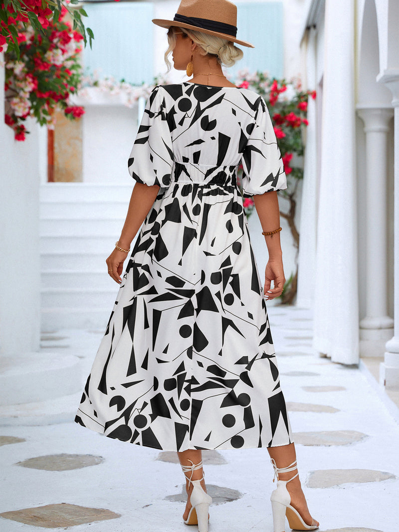 Printed Surplice Balloon Sleeve Dress - AnnieMae21