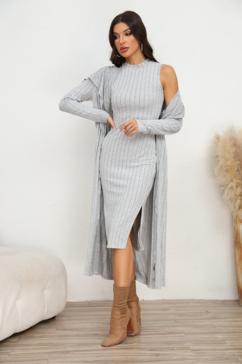 Slit Dress and Longline Cardigan Set - AnnieMae21