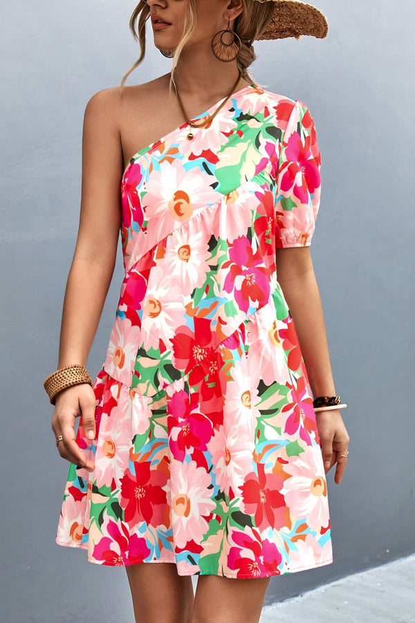 Floral One-Shoulder Puff Sleeve Dress - AnnieMae21