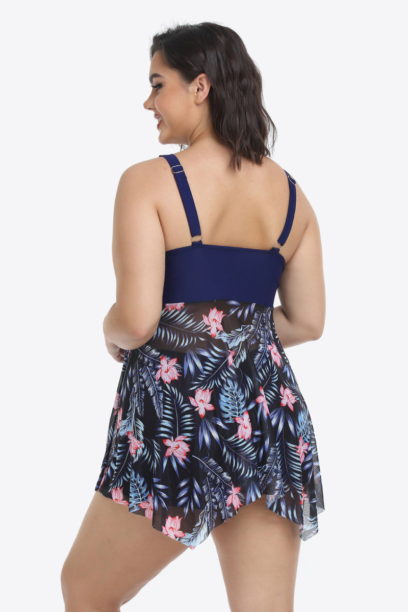 Plus Size Floral Two-Tone Asymmetrical Hem Two-Piece Swimsuit - AnnieMae21