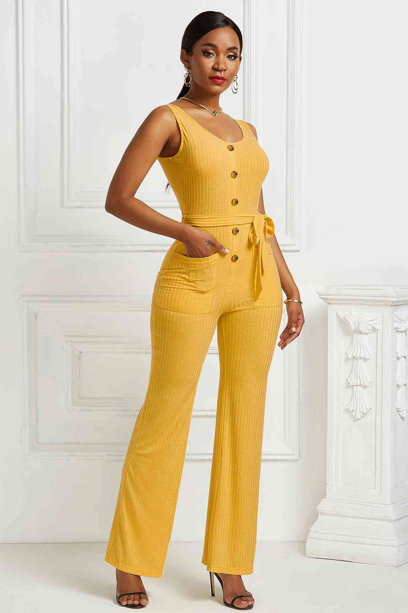 Button Detail Tie Waist Jumpsuit with Pockets - AnnieMae21