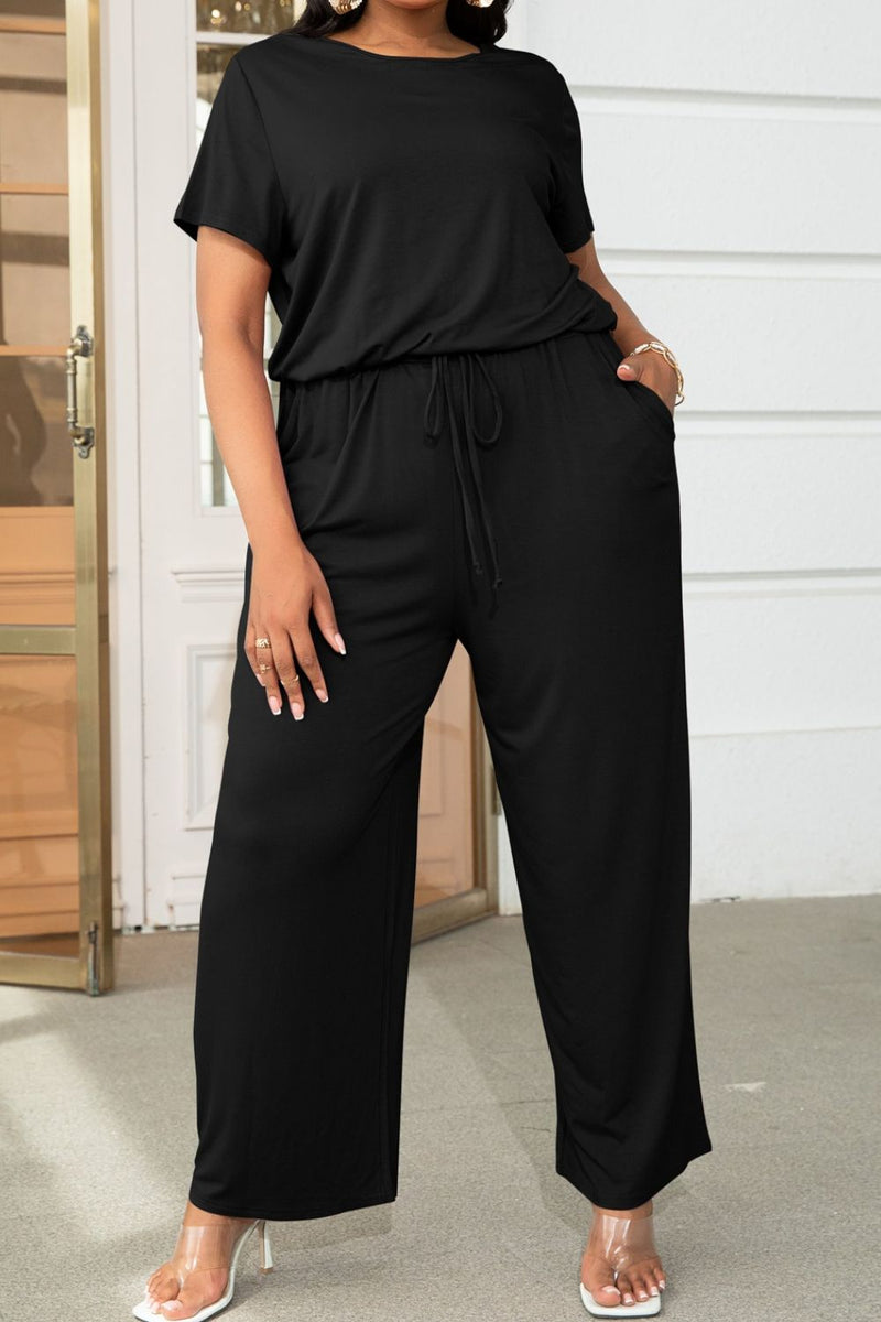 Plus Size Drawstring Waist Short Sleeve Jumpsuit - AnnieMae21