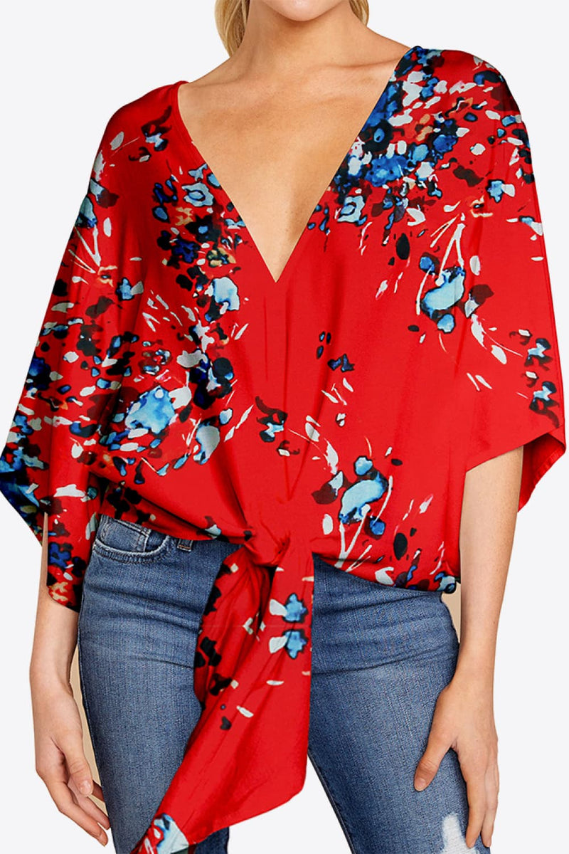 Printed Deep V Tie Hem Blouse - AnnieMae21