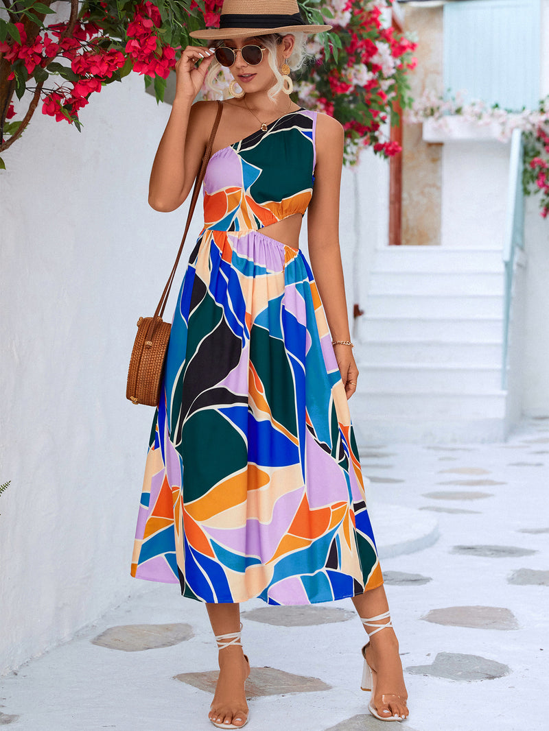 Printed Cutout One-Shoulder Sleeveless Dress - AnnieMae21