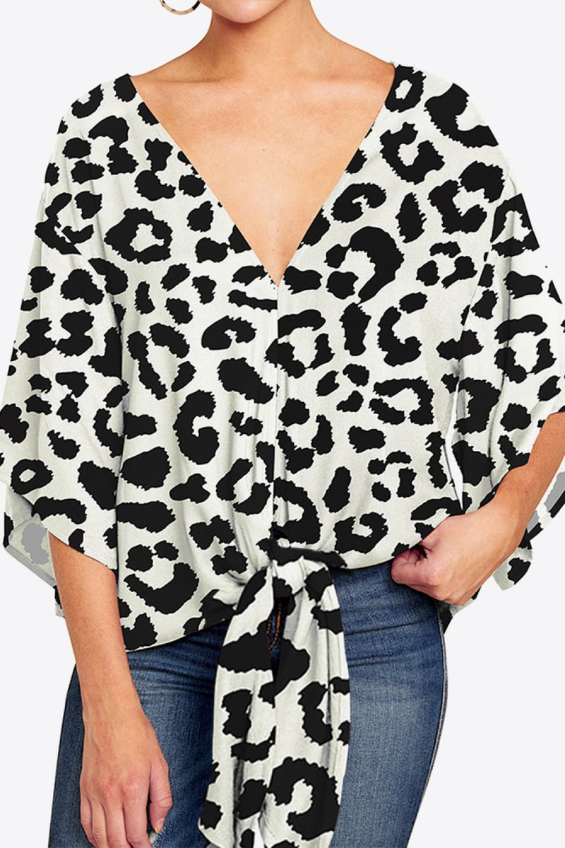 Printed Deep V Tie Hem Blouse - AnnieMae21