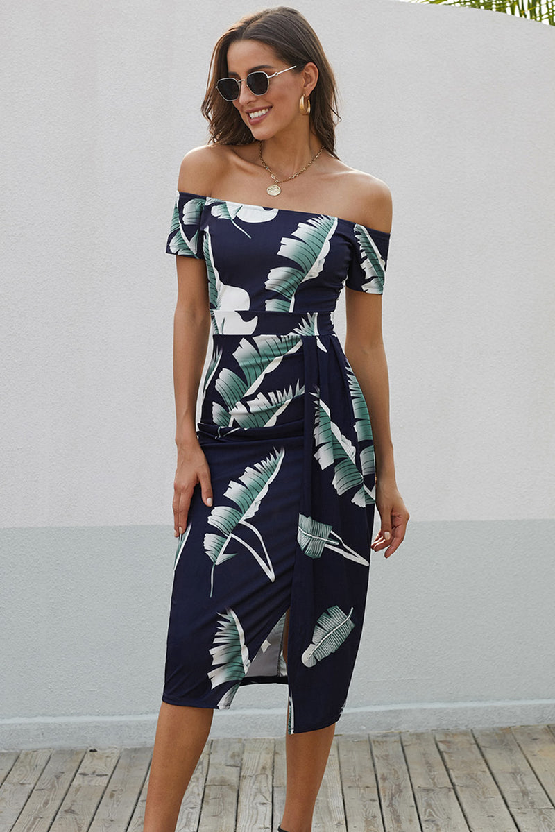 Printed Off-Shoulder Split Dress - AnnieMae21