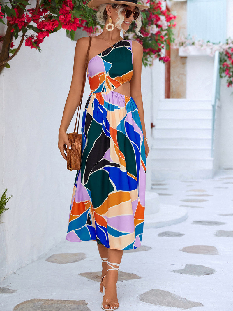 Printed Cutout One-Shoulder Sleeveless Dress - AnnieMae21