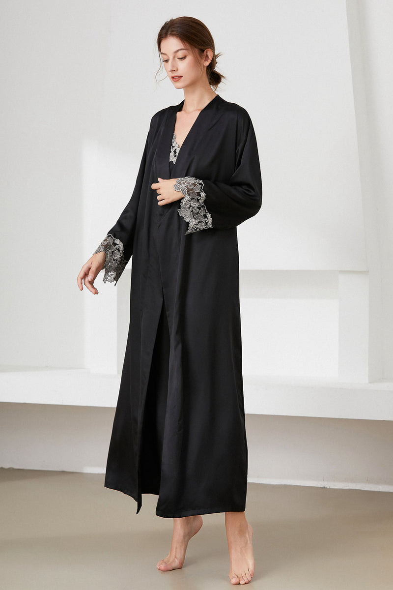 Contrast Lace Trim Satin Night Dress and Robe Set - AnnieMae21