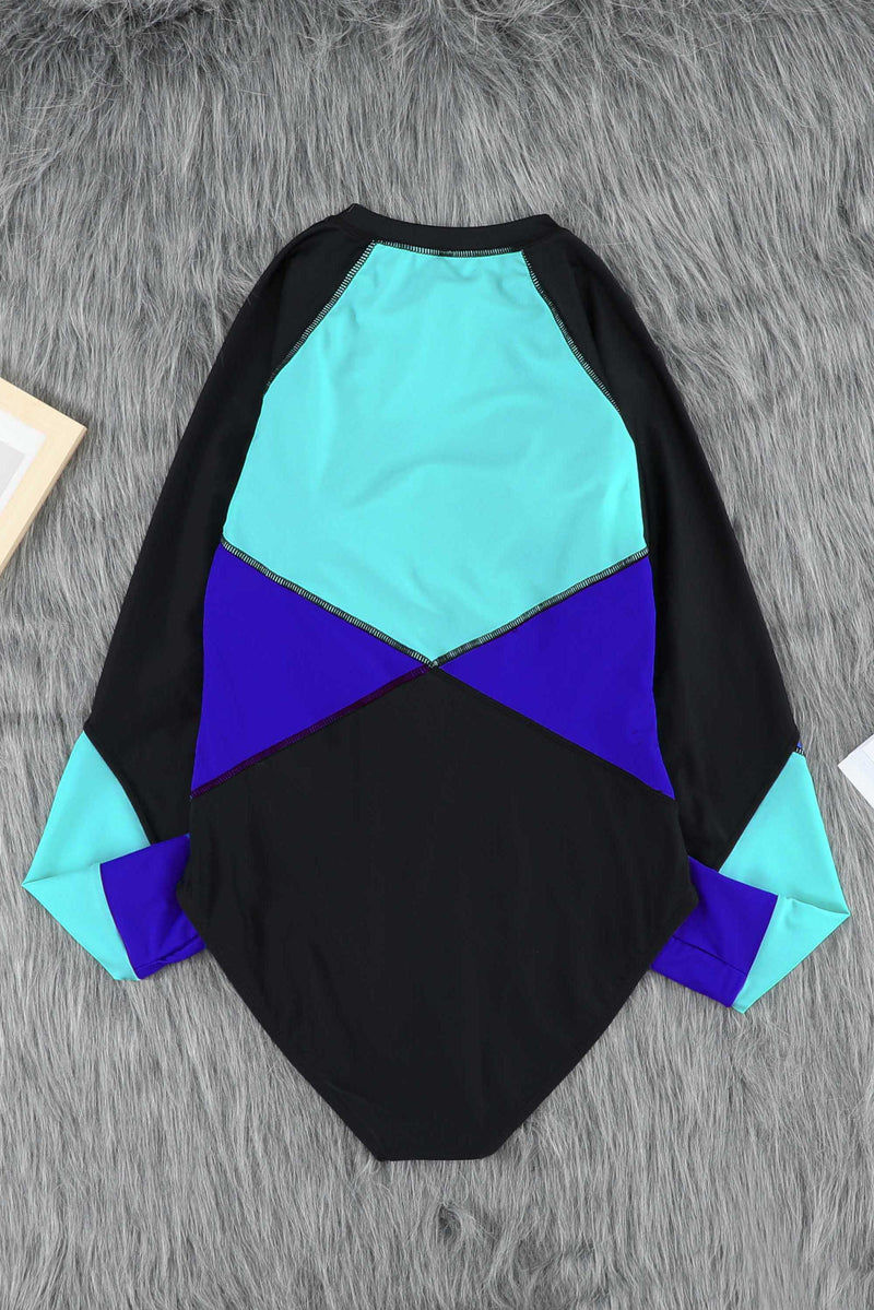 Color Block Half Zip Long Sleeve One-Piece Swimsuit - AnnieMae21