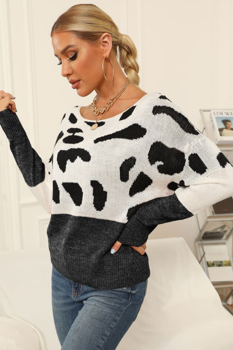 Full Size Two-Tone Boat Neck Sweater - AnnieMae21